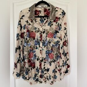 Aratta Silent Journey Embellished Floral Button-Up Blouse in Cream and Multi